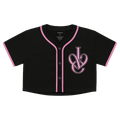A black short-sleeve baseball-style crop top with pink trim along the collar, placket, and sleeve cuffs, featuring a large pink interlocking 'IVE' logo on the left chest.