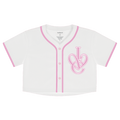 A white short-sleeve baseball-style crop top with pink trim, pink buttons, and a pink interlocking 'IVE' logo on the chest.