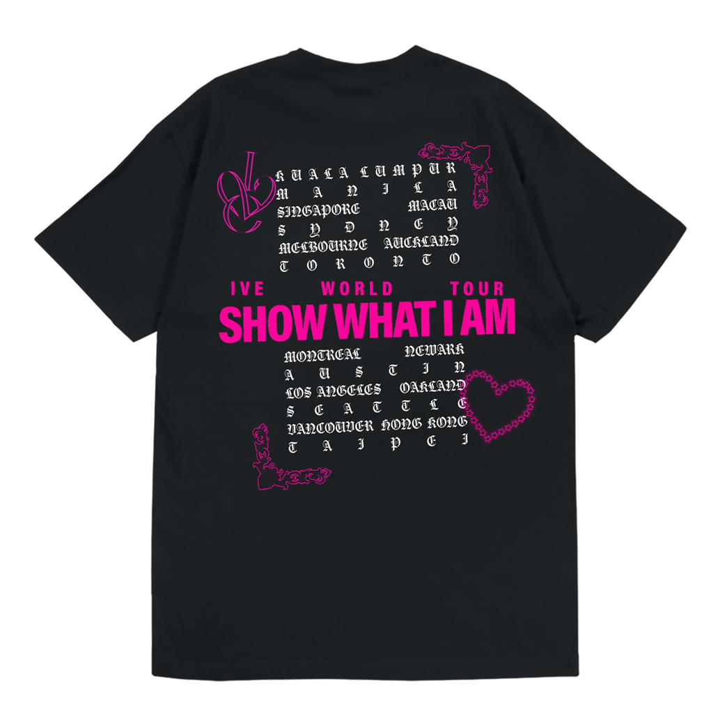 A black short-sleeve t-shirt with a vibrant pink and white graphic print on the back, featuring tour city lists and hand-drawn style text.