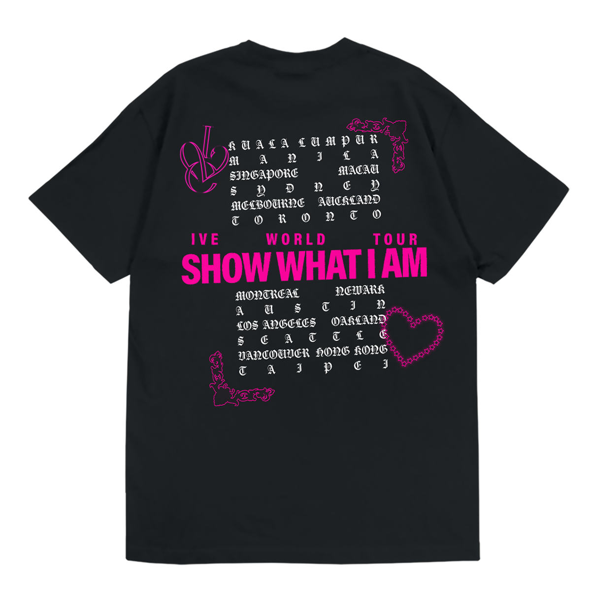A black short-sleeve t-shirt with a vibrant pink and white graphic print on the back, featuring tour city lists and hand-drawn style text.