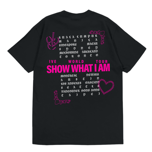 A black short-sleeve t-shirt with a vibrant pink and white graphic print on the back, featuring tour city lists and hand-drawn style text.