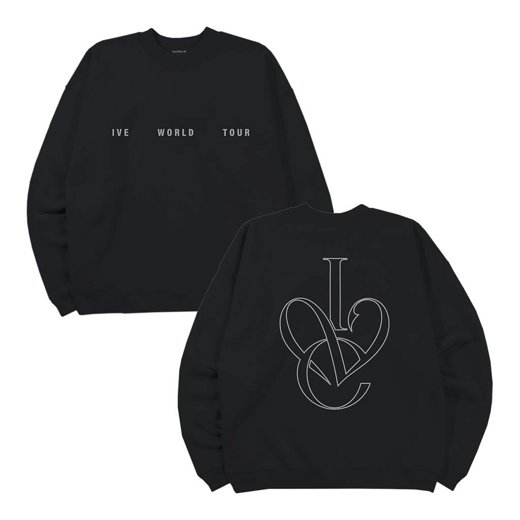 Black crewneck sweatshirt shown from both front and back. The front features the text 'IVE WORLD TOUR' in white across the chest, and the back features a large white outline graphic of the letters 'I', 'V', and 'E' interwoven.