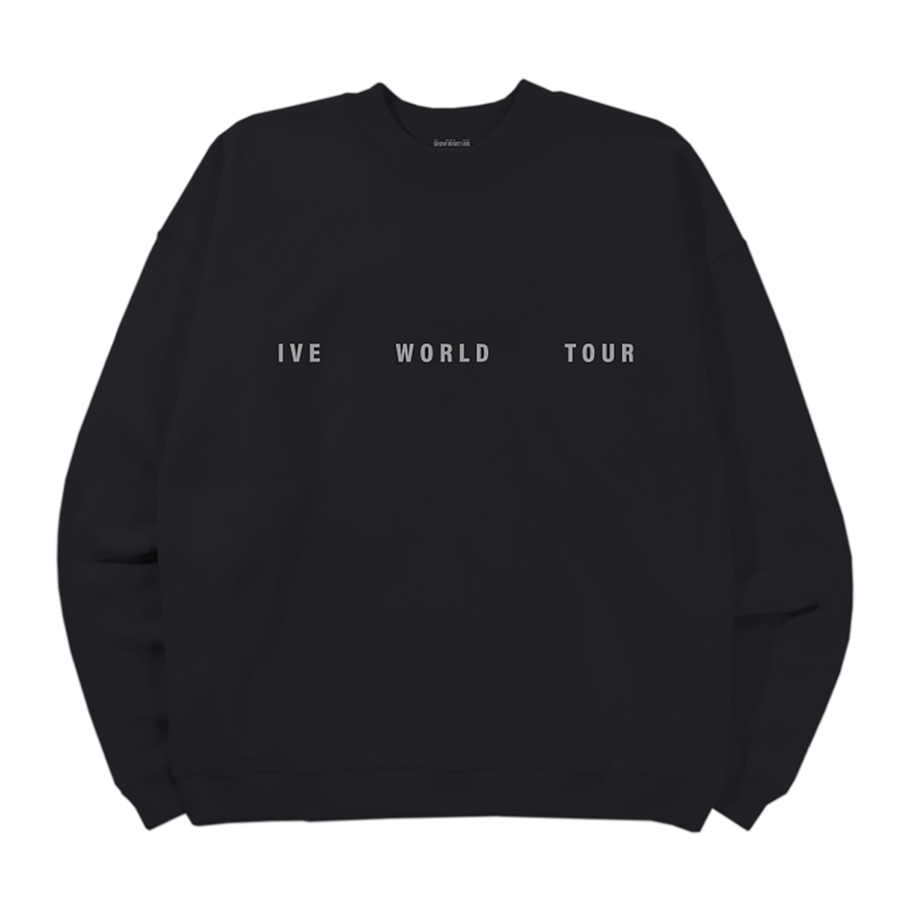 A black crewneck sweatshirt with 'IVE WORLD TOUR' printed in white block letters across the chest.