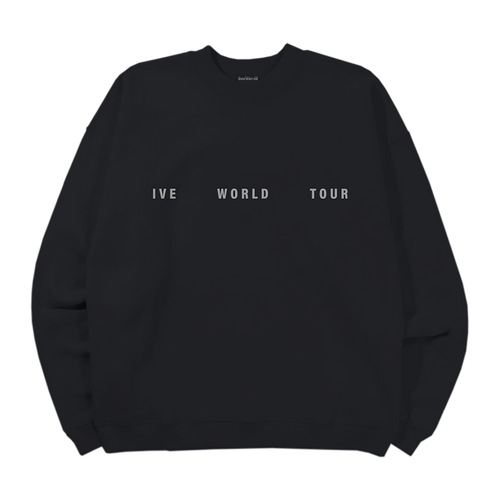 A black crewneck sweatshirt with 'IVE WORLD TOUR' printed in white block letters across the chest.