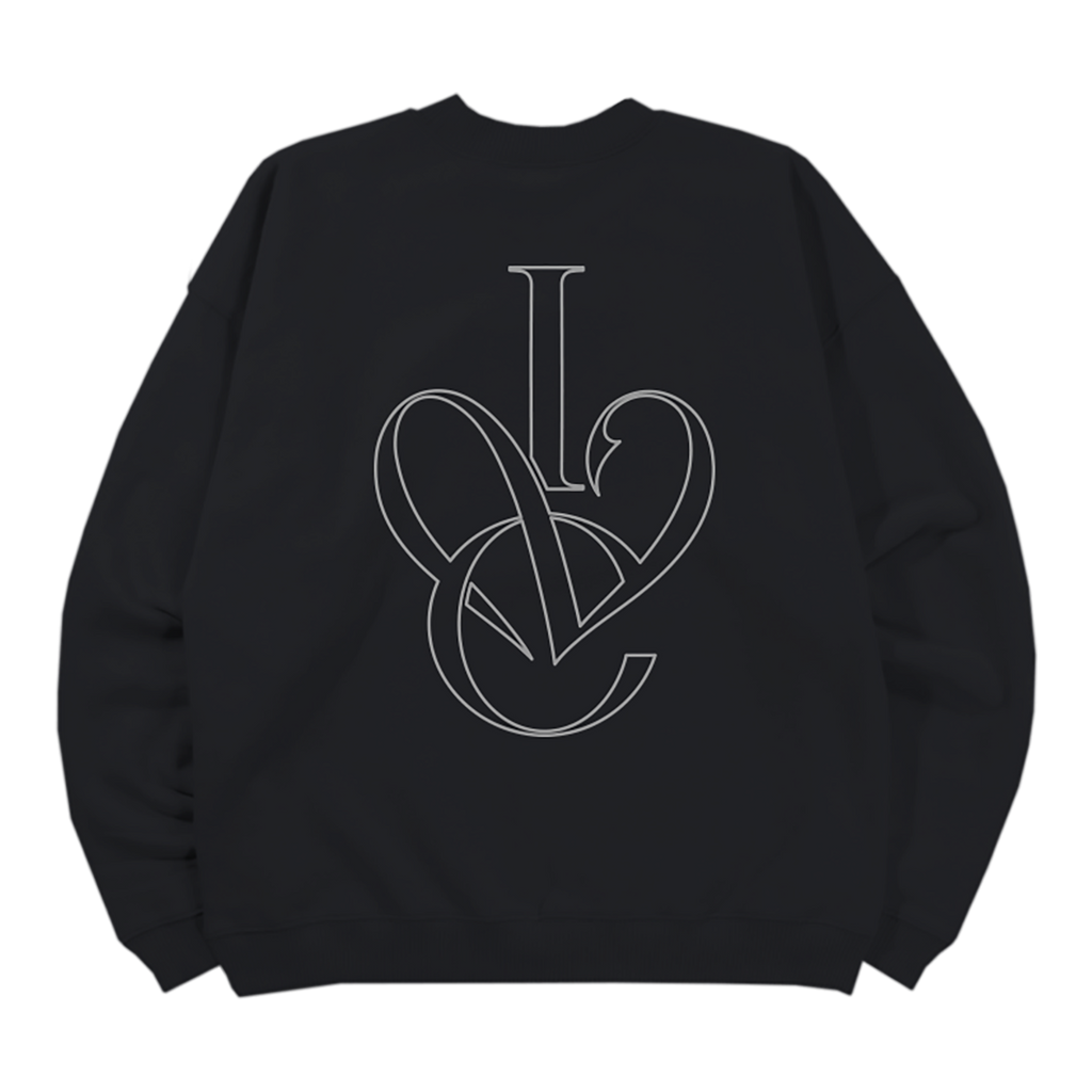 A black crewneck sweatshirt with a white minimalist line-art 'IVE' logo graphic on the back.