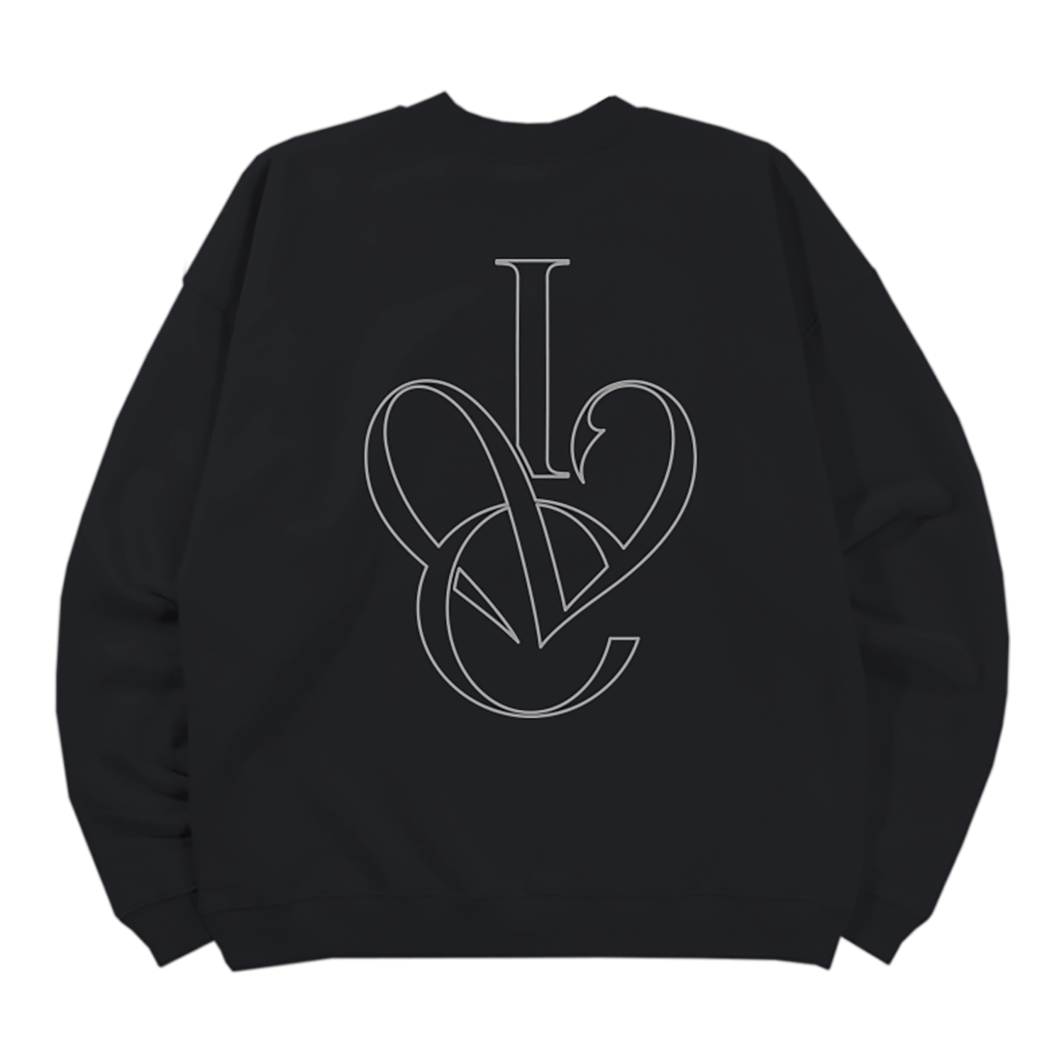 A black crewneck sweatshirt with a white minimalist line-art 'IVE' logo graphic on the back.