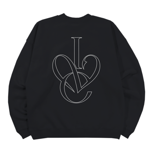 A black crewneck sweatshirt with a white minimalist line-art 'IVE' logo graphic on the back.