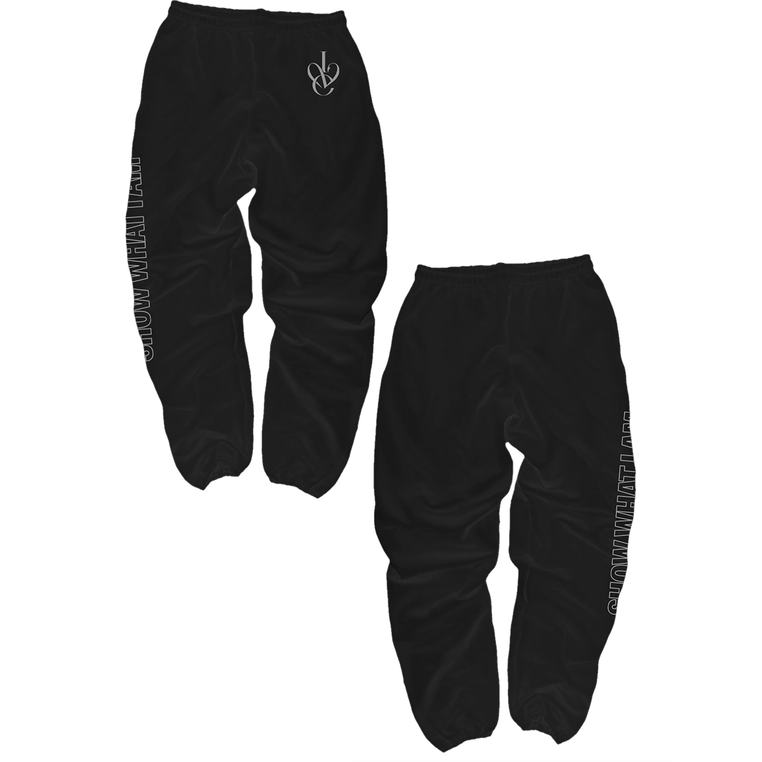 Black jogger sweatpants shown from two angles. One view shows the front with a small white script logo near the upper left hip, and the other shows the side with vertical white text running down the leg.