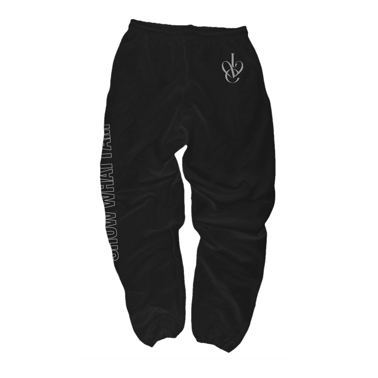 Black sweatpants with a white stylized 'IVE' logo on the upper left hip and vertical white text running down the right leg that says 'SHOW WHAT I AM'.