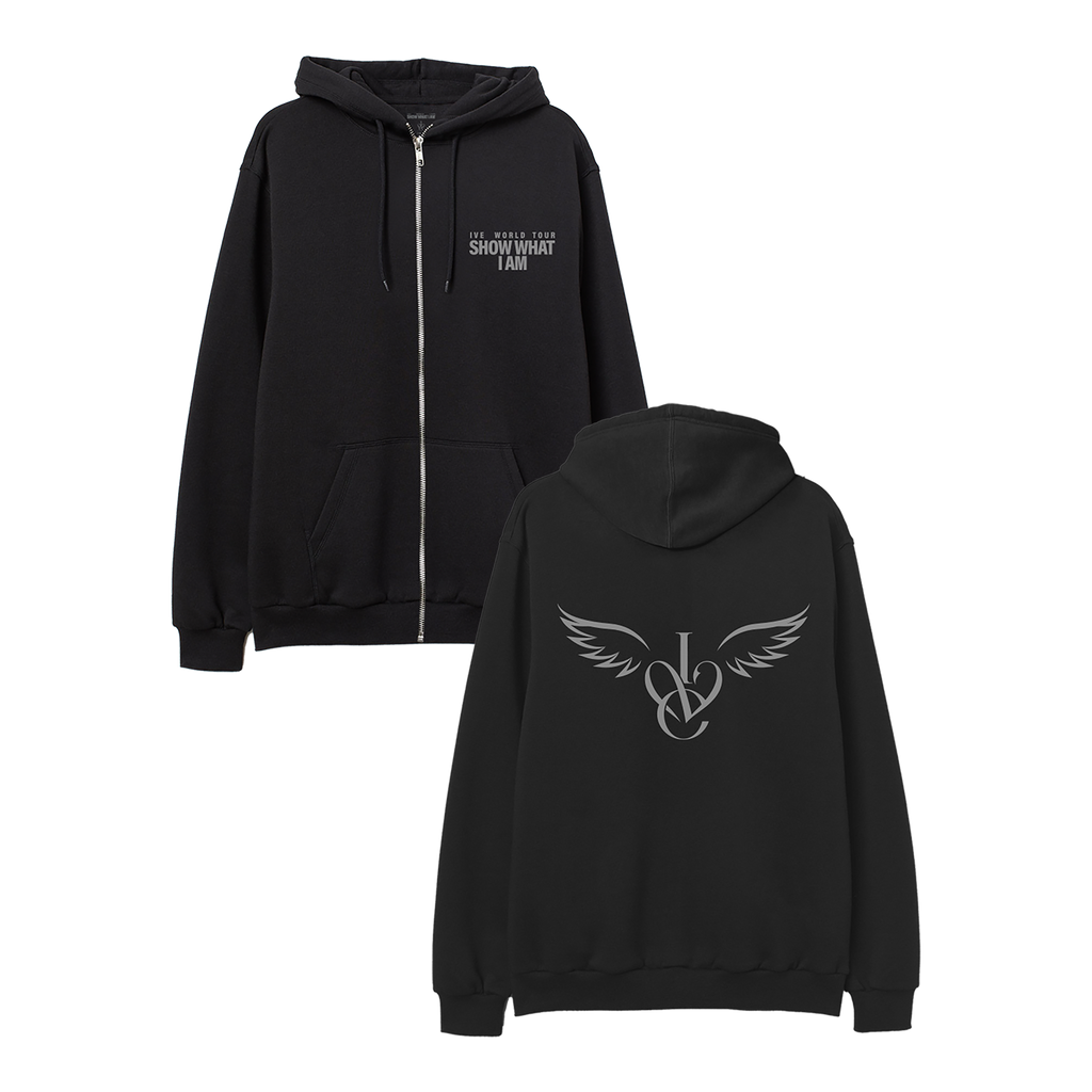 Black zip-up hoodie shown from the front and back. The front has small white text on the left chest, and the back features a large white winged monogram-style graphic.