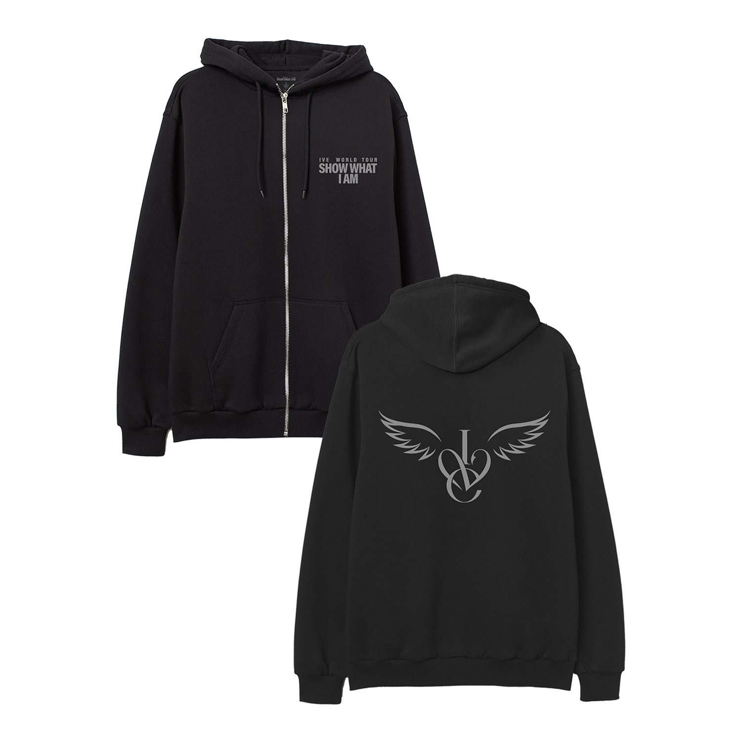 Black zip-up hoodie shown from the front and back. The front has small white text on the left chest, and the back features a large white winged monogram-style graphic.