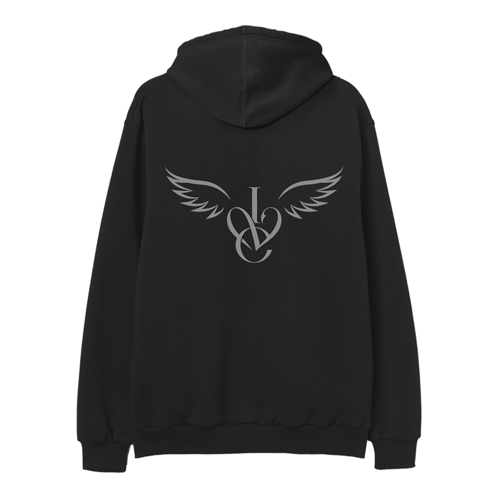 A black pullover hoodie shown from the back, featuring a large silver graphic of a winged 'IVE' monogram on the center back.