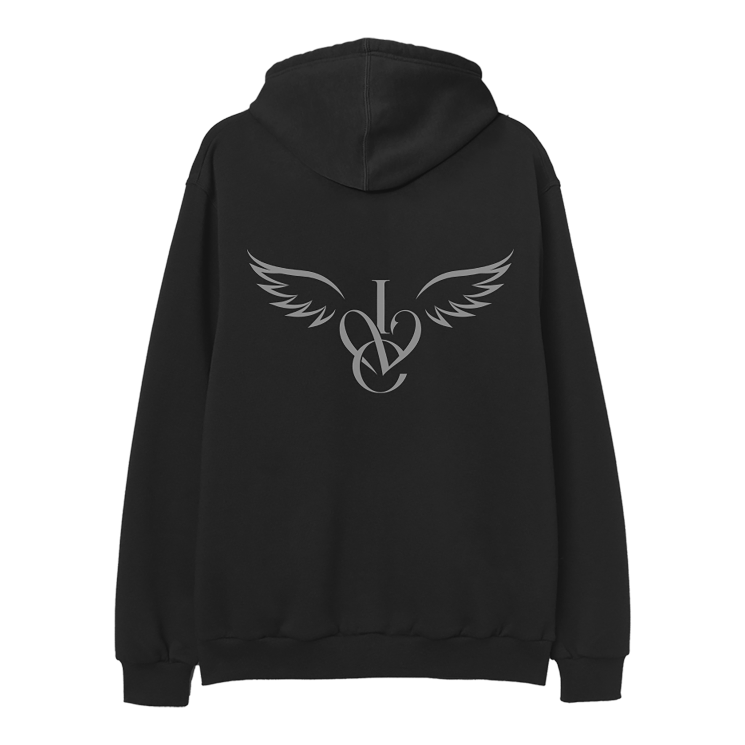 A black pullover hoodie shown from the back, featuring a large silver graphic of a winged 'IVE' monogram on the center back.