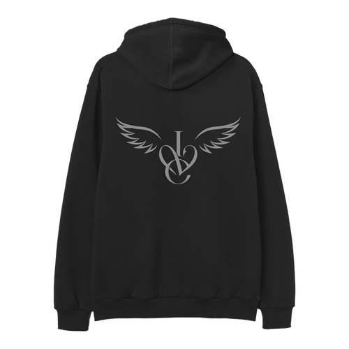 A black pullover hoodie shown from the back, featuring a large silver graphic of a winged 'IVE' monogram on the center back.
