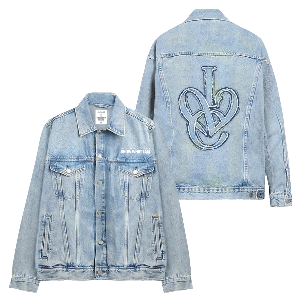 A light blue denim jacket shown from both the front and back. The front features a button-up closure, two chest flap pockets, and side pockets. The back features a distressed patch logo design. 