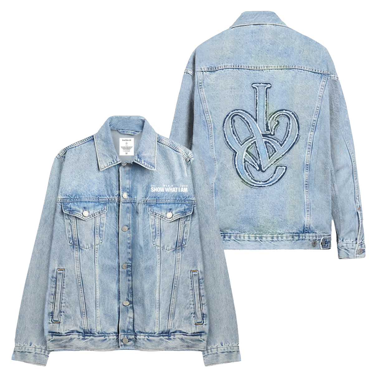 A light blue denim jacket shown from both the front and back. The front features a button-up closure, two chest flap pockets, and side pockets. The back features a distressed patch logo design. 