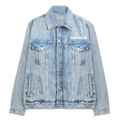 A light blue denim jacket with a button-up front, chest flap pockets, and white text on the left chest reading 'IVE WORLD TOUR SHOW WHAT I AM'.