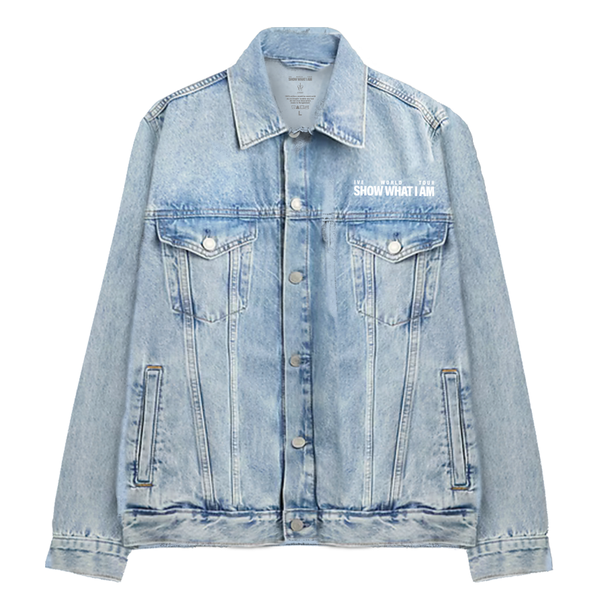 A light blue denim jacket with a button-up front, chest flap pockets, and white text on the left chest reading 'IVE WORLD TOUR SHOW WHAT I AM'.