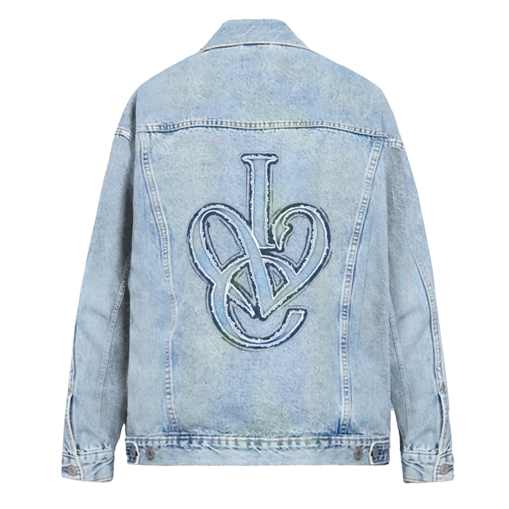A light blue denim jacket shown from the back, featuring a large stylized interlocking 'IVE' logo patch in a distressed blue and white design across the center back.