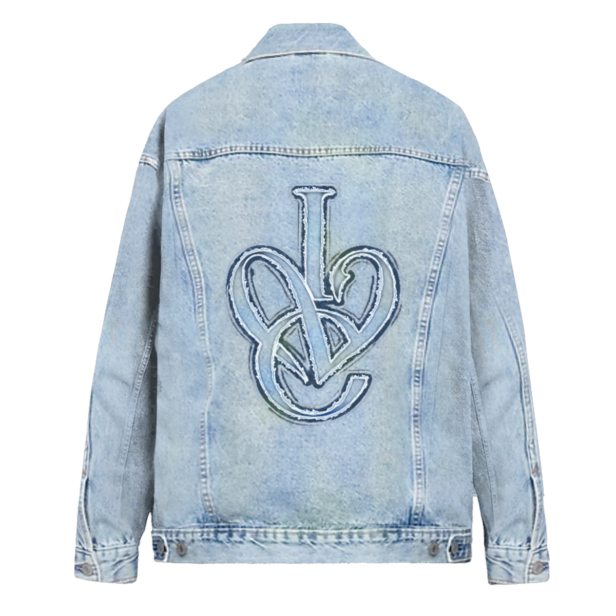 A light blue denim jacket shown from the back, featuring a large stylized interlocking 'IVE' logo patch in a distressed blue and white design across the center back.