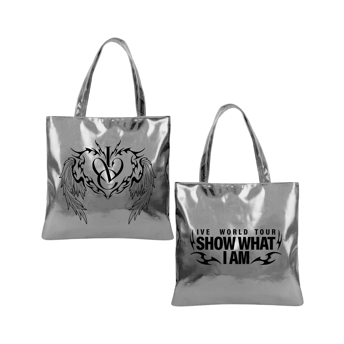 Metallic silver tote bag with front and back shown side by side. The left bag features a black graphic of a winged heart with a stylized 'IVE' monogram, and the right bag displays the text 'IVE WORLD TOUR SHOW WHAT I AM' in black.