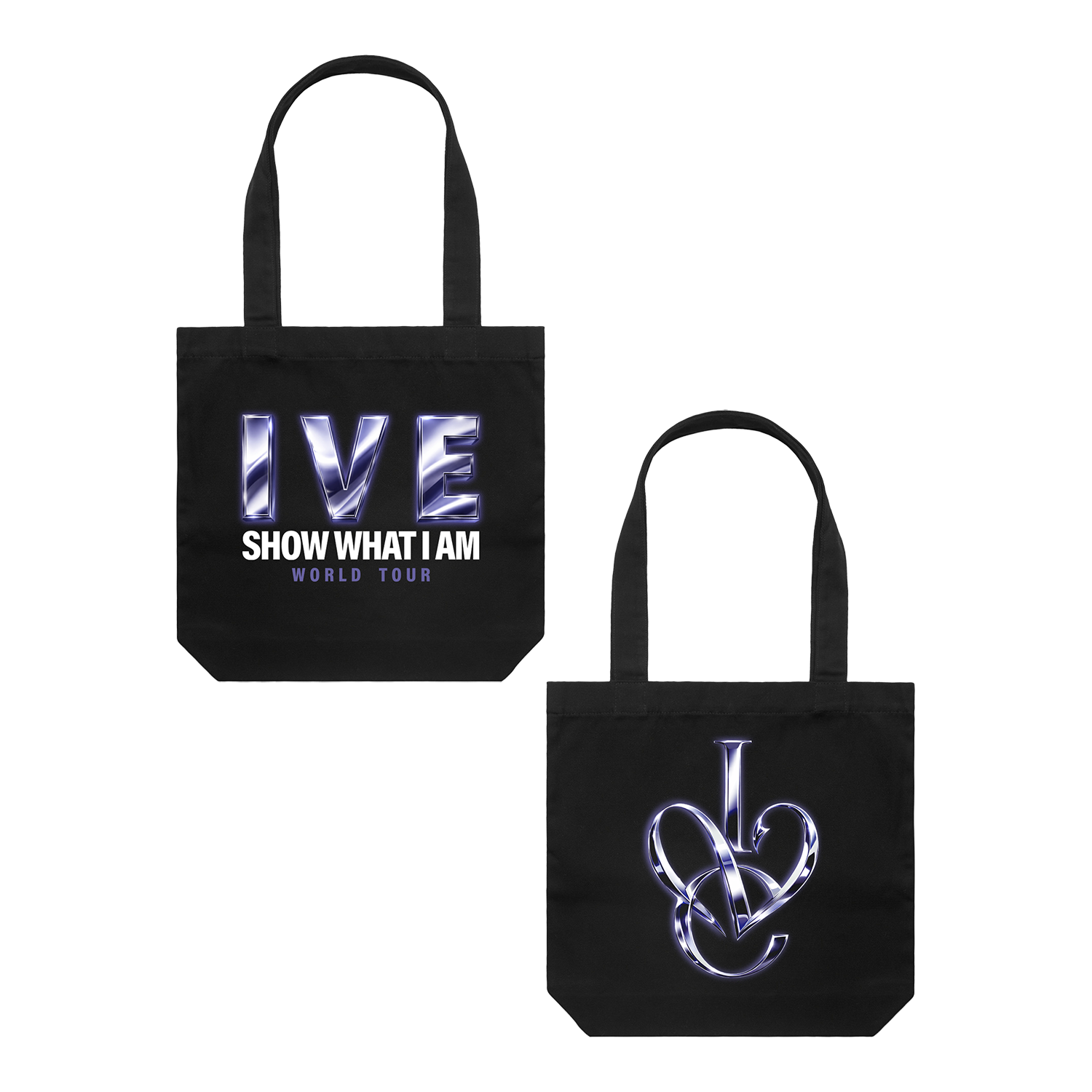 Black canvas tote bag with front and back shown side by side. The front features the text 'IVE SHOW WHAT I AM WORLD TOUR' in metallic silver and blue, and the back features an interlocking design 'IVE' logo in metallic silver and blue. 