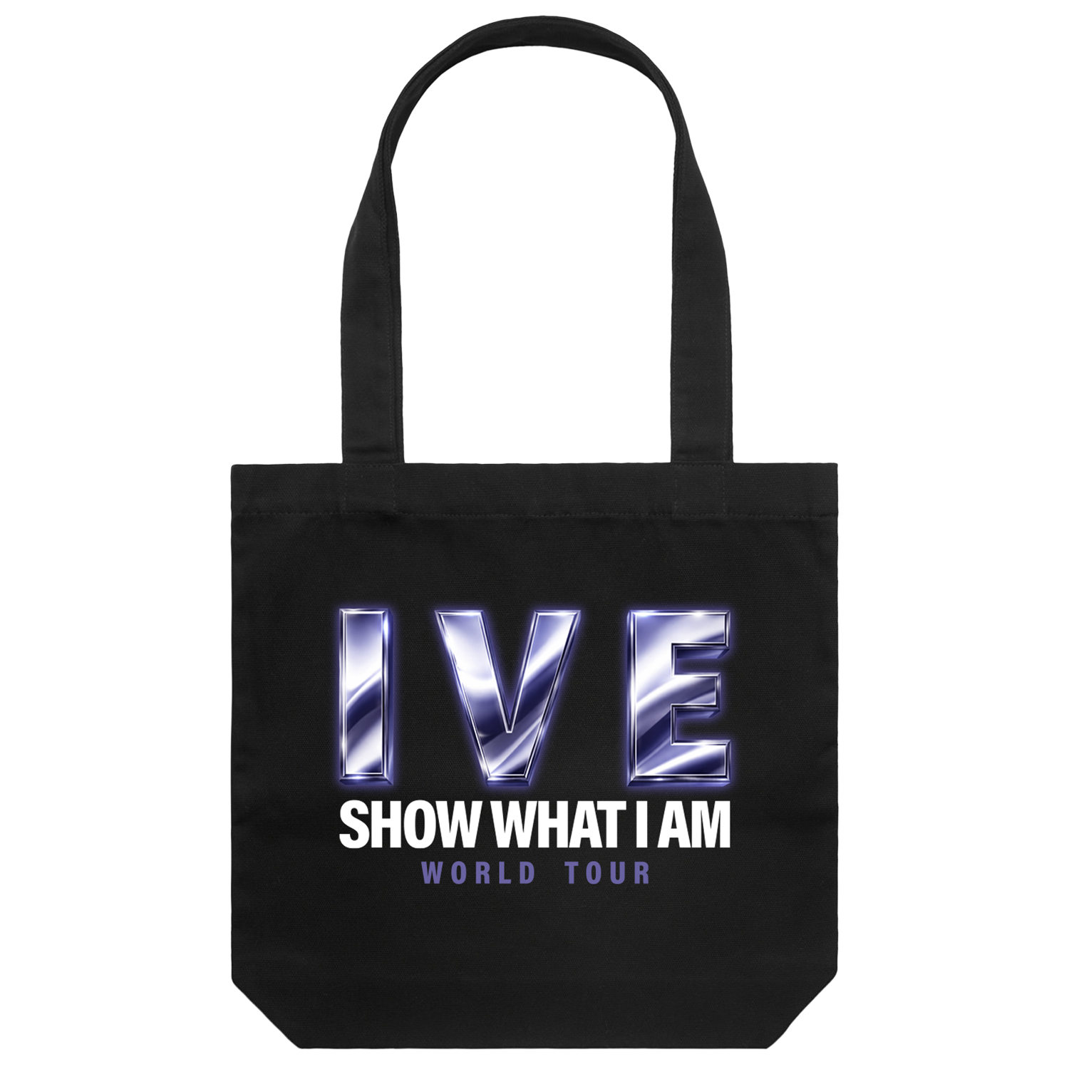 A black canvas tote bag featuring the band name 'IVE' in a metallic silver and blue gradient font, with 'SHOW WHAT I AM' and 'WORLD TOUR' printed below in white and light blue text.