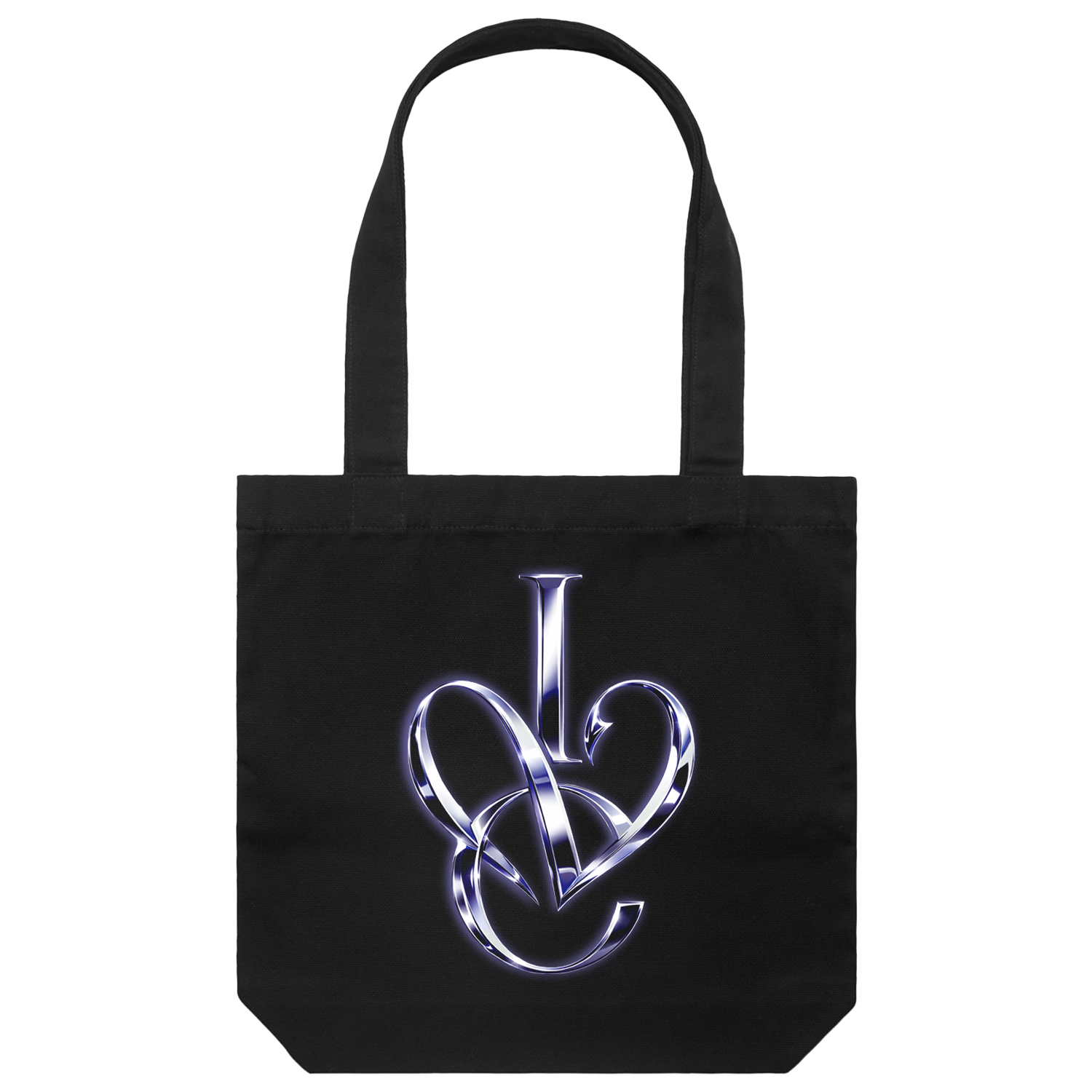 A black canvas tote bag with two shoulder straps, featuring a metallic silver and blue stylized 'IVE' monogram graphic printed on the front.