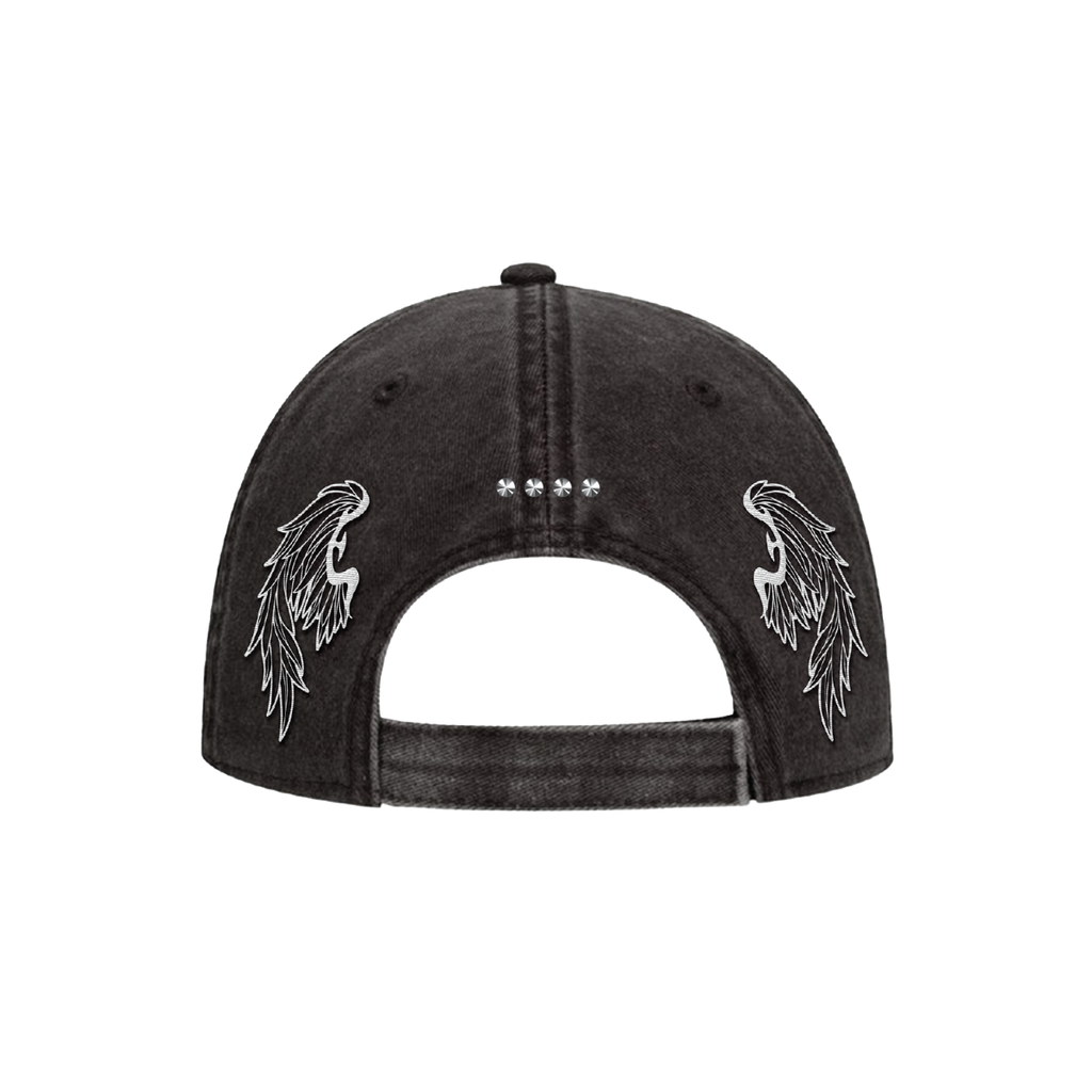 A dark gray washed denim baseball cap shown from the back, featuring white embroidered wing designs on both sides and silver rhinestone studs in the center.