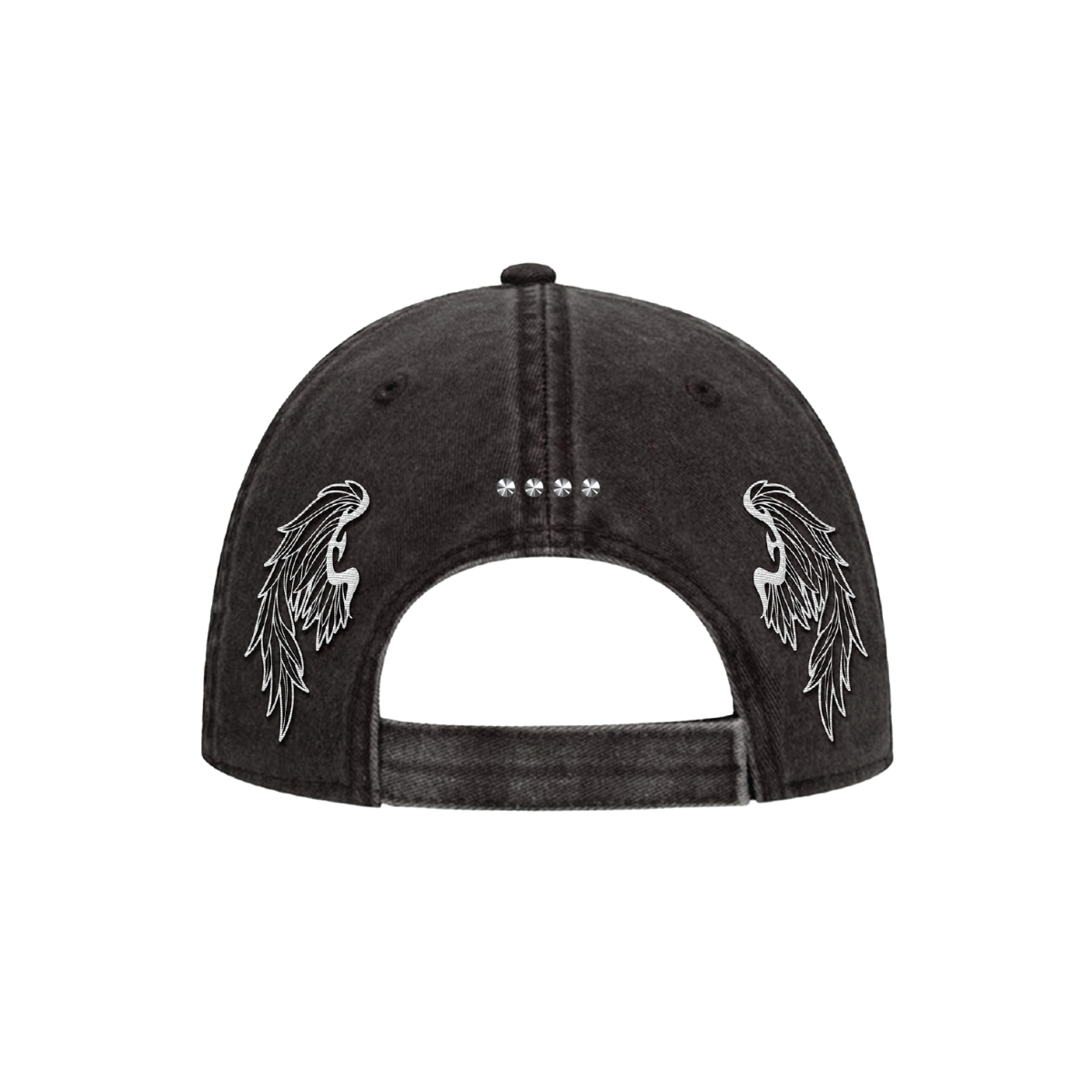 A dark gray washed denim baseball cap shown from the back, featuring white embroidered wing designs on both sides and silver rhinestone studs in the center.