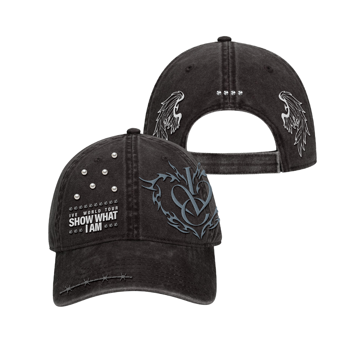 A black washed baseball cap shown from the front and back. The front features white embroidered text reading 'IVE WORLD TOUR SHOW WHAT I AM' surrounded by studs, a large gray and black gothic-style monogram on the side, and silver rhinestone embellishments on the front and back.
