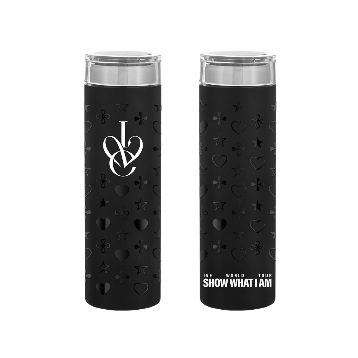 Black insulated tumblers with clear lid with front and back shown side by side. The tumbler features a large white monogram logo reading 'IVE', and has small white text reading 'IVE WORLD TOUR SHOW WHAT I AM'. Features an all over black on black printed pattern that includes hearts, stars and crosses. 