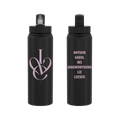 Matte black insulated water bottle with flip-top lid, with front and back shown side by side. The left bottle features a large light pink interlocking 'IVE' monogram, while the right bottle has the names 'ANYUJIN', 'GAEUL', 'REI', 'JANGWONYOUNG', 'LIZ', and 'LEESEO' printed vertically in light pink.