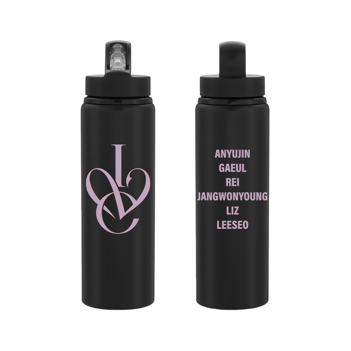 Matte black insulated water bottle with flip-top lid, with front and back shown side by side. The left bottle features a large light pink interlocking 'IVE' monogram, while the right bottle has the names 'ANYUJIN', 'GAEUL', 'REI', 'JANGWONYOUNG', 'LIZ', and 'LEESEO' printed vertically in light pink.