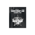 A black enamel pin shaped like a star over a heart, featuring white text that reads 'IVE WORLD TOUR SHOW WHAT I AM' with small interlocking logo at the top.