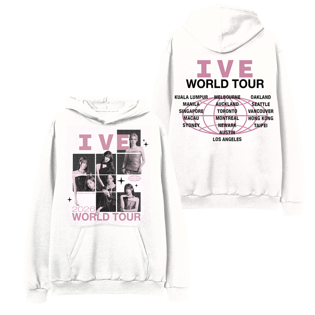 A white pullover hoodie shown from both front and back, featuring pink and black 'IVE WORLD TOUR 2026' graphics with multiple small portrait photos on the front and a tour cities listed on the back.