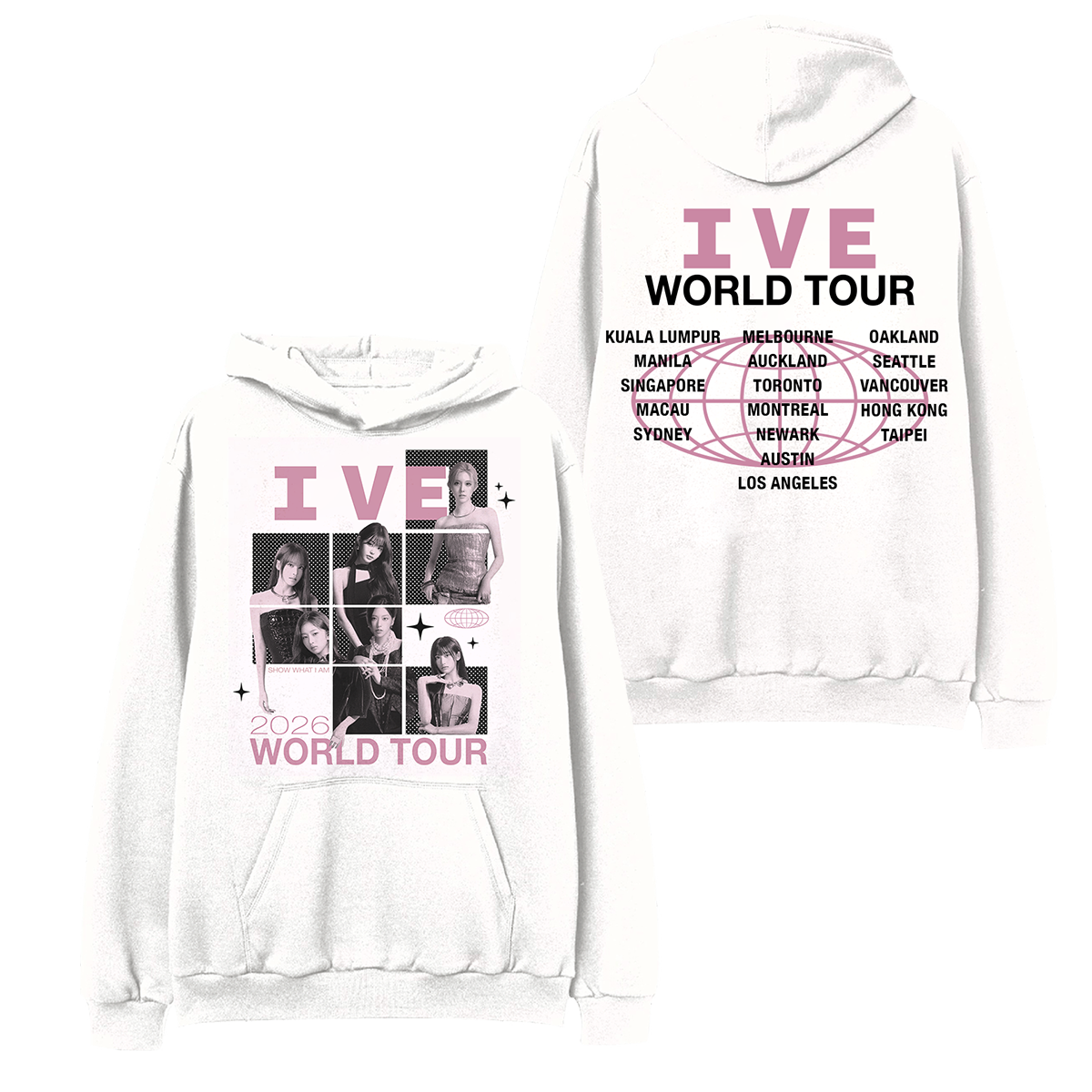 A white pullover hoodie shown from both front and back, featuring pink and black 'IVE WORLD TOUR 2026' graphics with multiple small portrait photos on the front and a tour cities listed on the back.