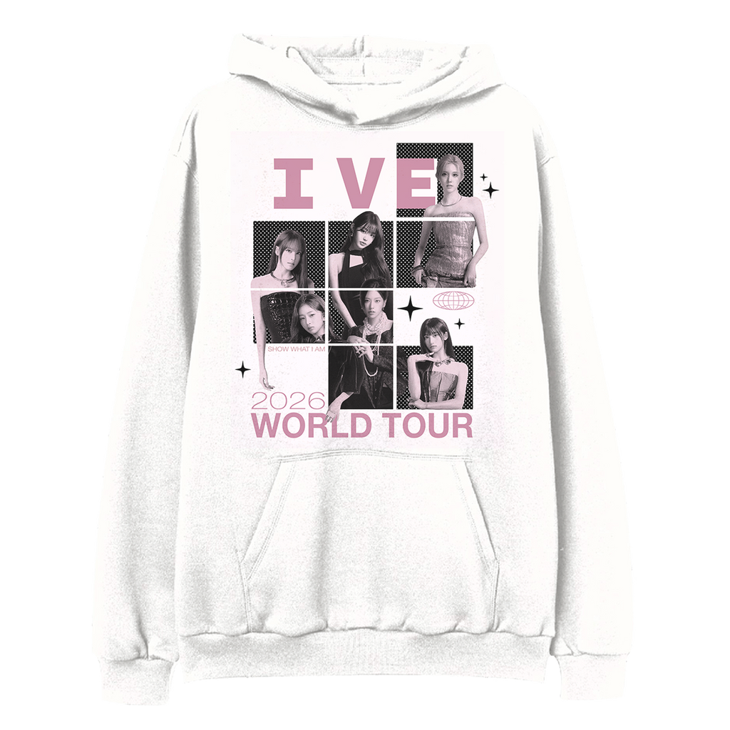 A white pullover hoodie featuring a large front graphic print with pink and black text reading 'IVE 2026 WORLD TOUR' and a collage of black-and-white photos of the group.