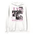 A white pullover hoodie featuring a large front graphic print with pink and black text reading 'IVE 2026 WORLD TOUR' and a collage of black-and-white photos of the group.