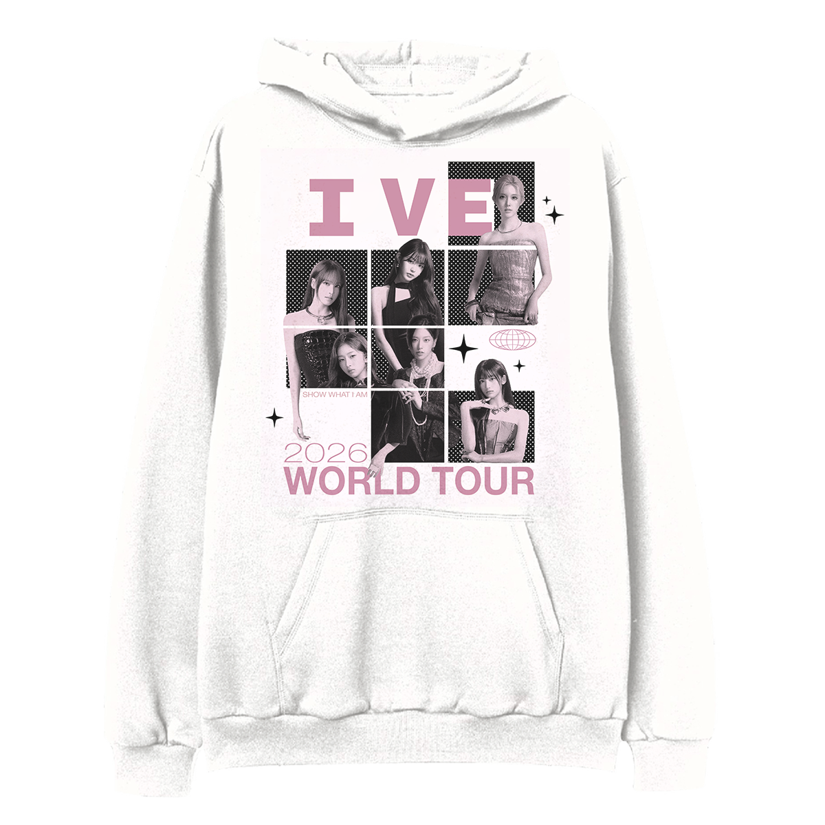 A white pullover hoodie featuring a large front graphic print with pink and black text reading 'IVE 2026 WORLD TOUR' and a collage of black-and-white photos of the group.