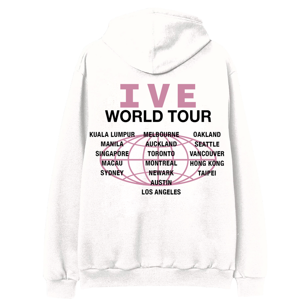 A white pullover hoodie shown from the back, featuring a graphic print with the text 'IVE WORLD TOUR' in pink and black, with a list of tour cities surrounded by a pink globe outline.