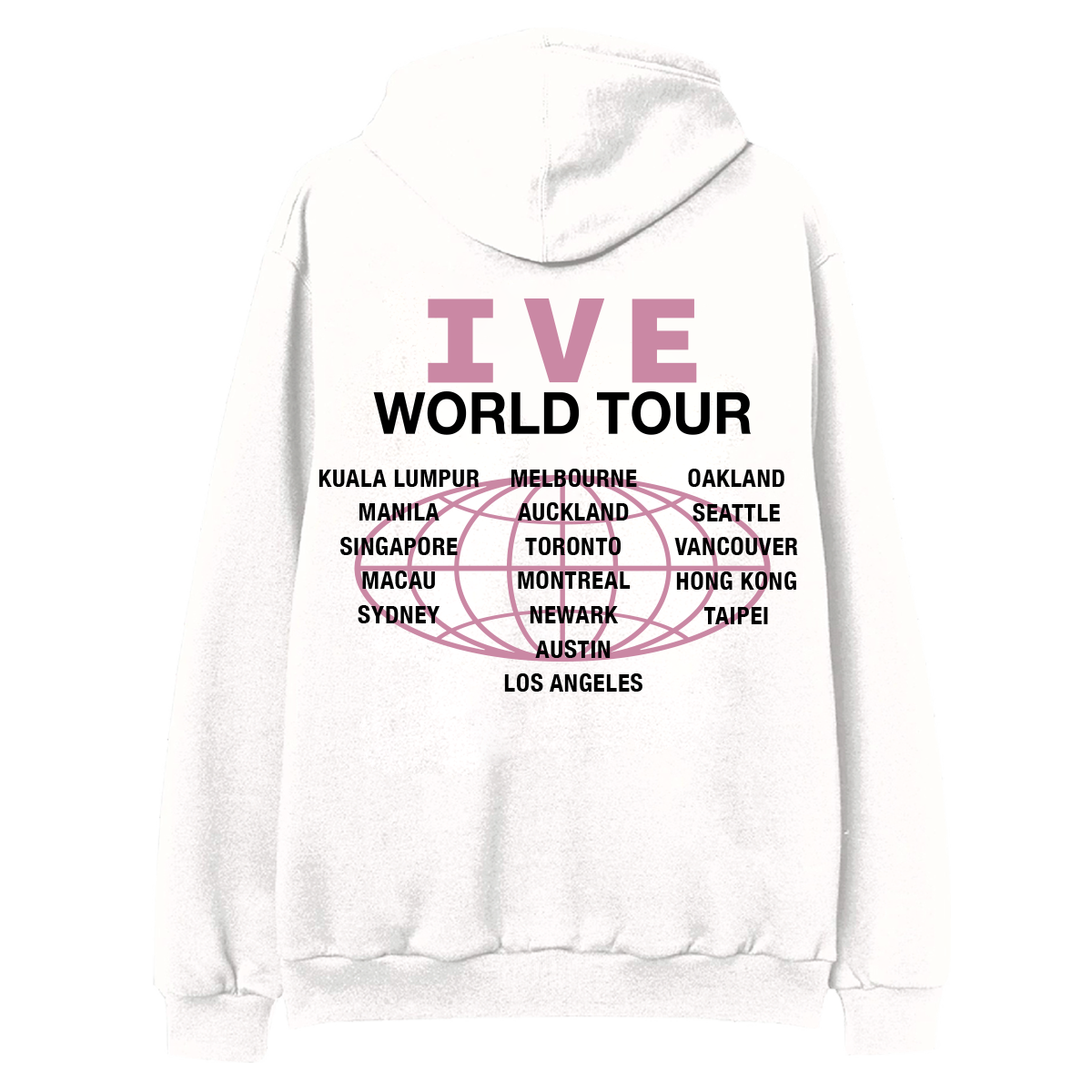 A white pullover hoodie shown from the back, featuring a graphic print with the text 'IVE WORLD TOUR' in pink and black, with a list of tour cities surrounded by a pink globe outline.