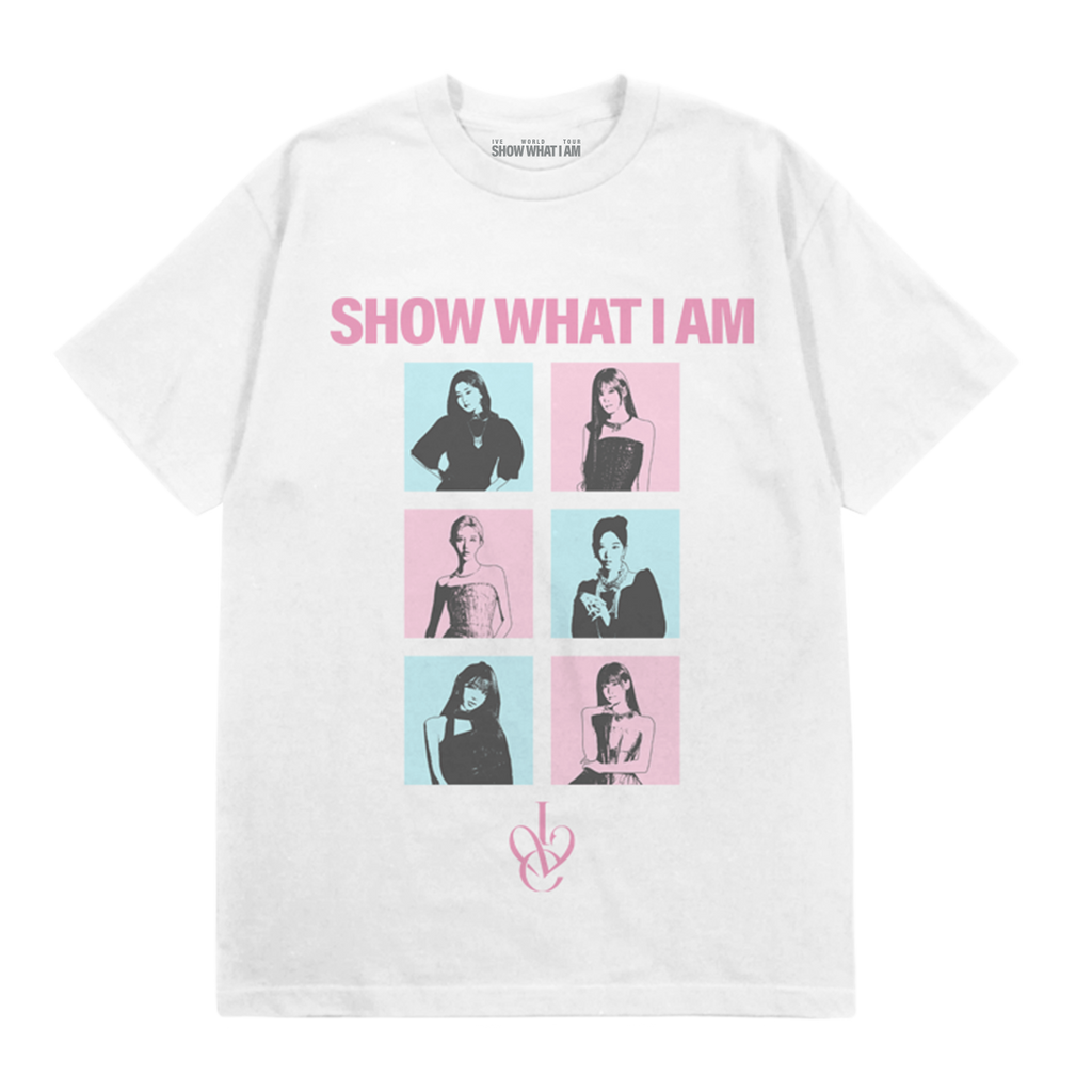 A white short-sleeve crewneck t-shirt featuring a graphic print of six pop-art style portraits of the group members in black and pink, with the text 'SHOW WHAT I AM' in pink above and a pink stylized logo below.