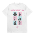 A white short-sleeve crewneck t-shirt featuring a graphic print of six pop-art style portraits of the group members in black and pink, with the text 'SHOW WHAT I AM' in pink above and a pink stylized logo below.