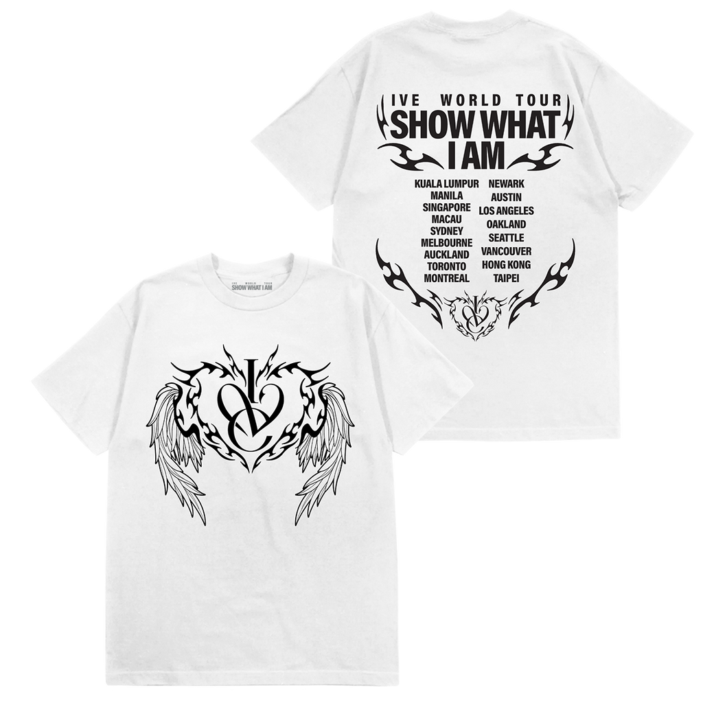 White short-sleeve t-shirt shown from both front and back. The front features a large black tribal winged emblem with a stylized 'IVE' logo in the center, and tour cities listed on the back.