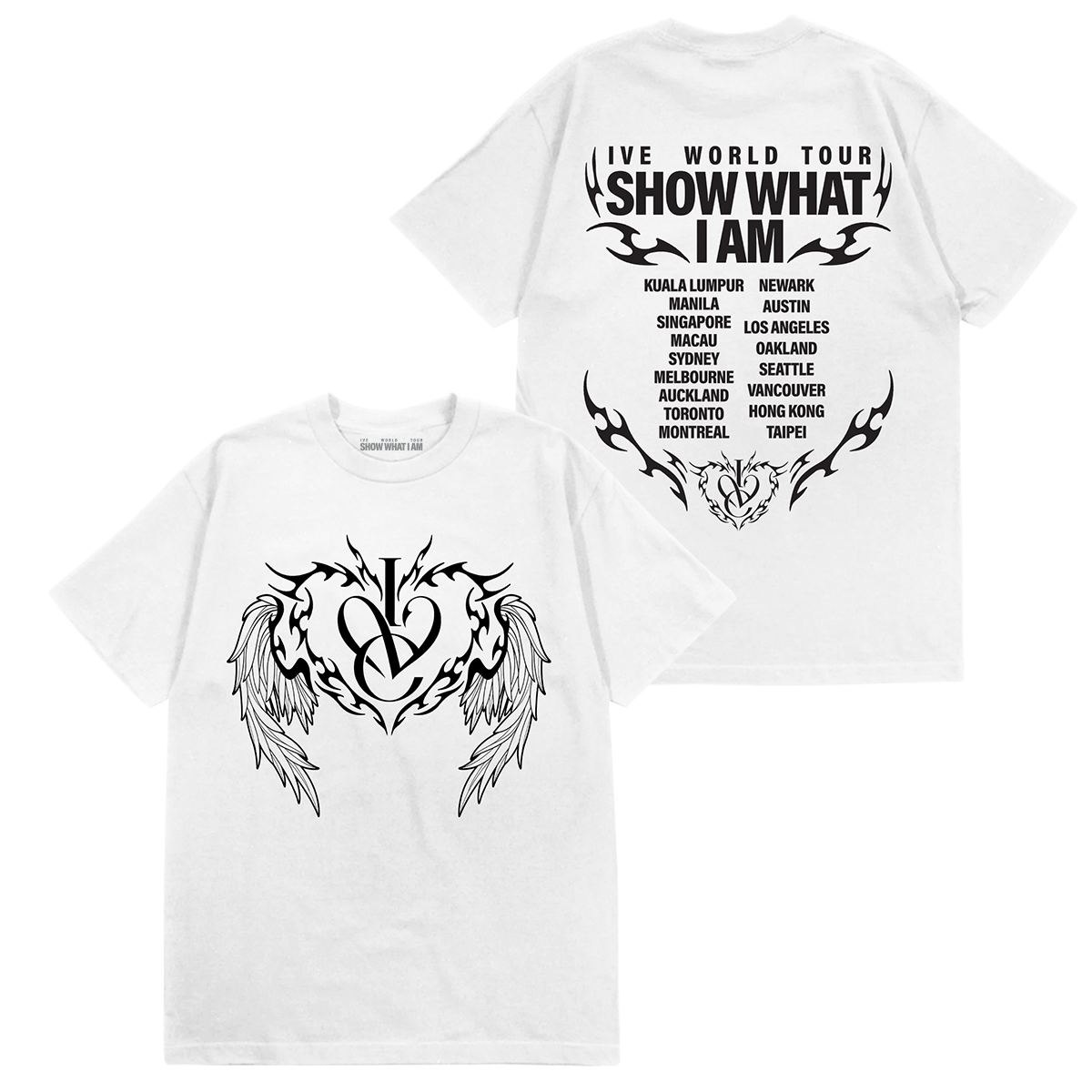 White short-sleeve t-shirt shown from both front and back. The front features a large black tribal winged emblem with a stylized 'IVE' logo in the center, and tour cities listed on the back.