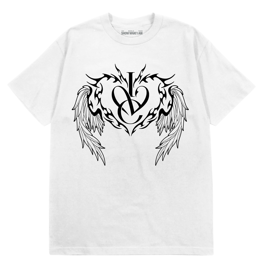 A white short-sleeve crewneck t-shirt featuring a black graphic print of a stylized winged 'IVE' monogram on the chest.