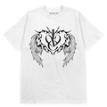 A white short-sleeve crewneck t-shirt featuring a black graphic print of a stylized winged 'IVE' monogram on the chest.