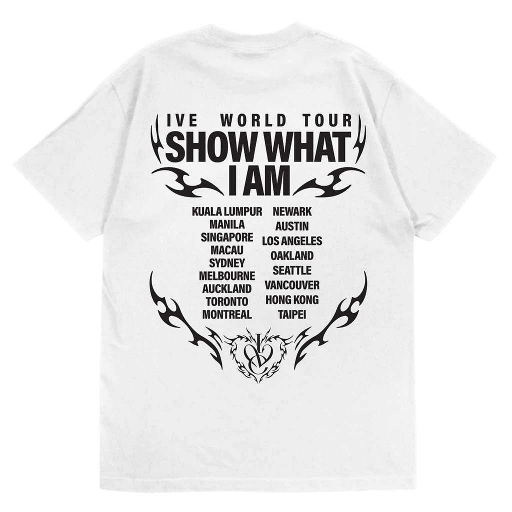 White short-sleeve T-shirt shown from the back, featuring a large black graphic print with the text 'IVE WORLD TOUR SHOW WHAT I AM' and a list of tour cities.