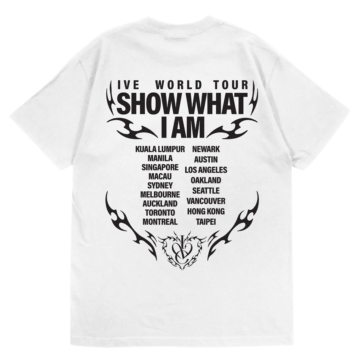 White short-sleeve T-shirt shown from the back, featuring a large black graphic print with the text 'IVE WORLD TOUR SHOW WHAT I AM' and a list of tour cities.